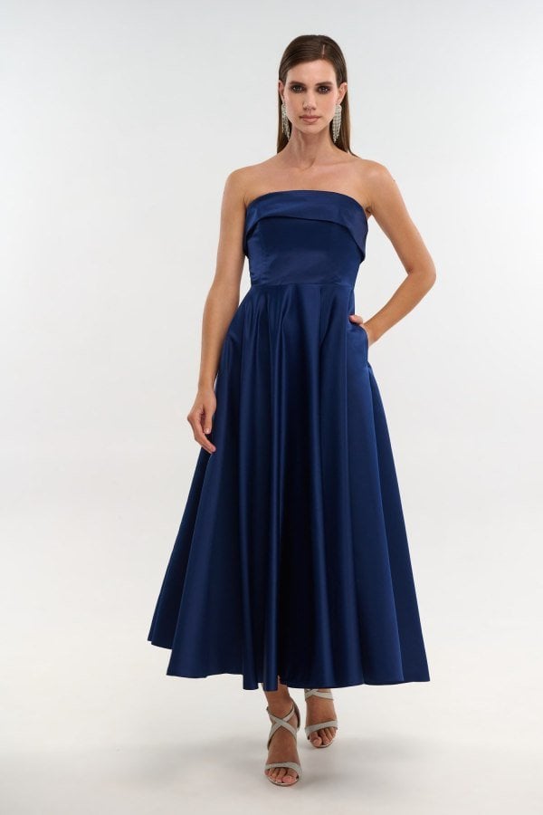 Σατέν Midi Φόρεμα Strapless Σε Άλφα Γραμμή Navy Blue - Marlen