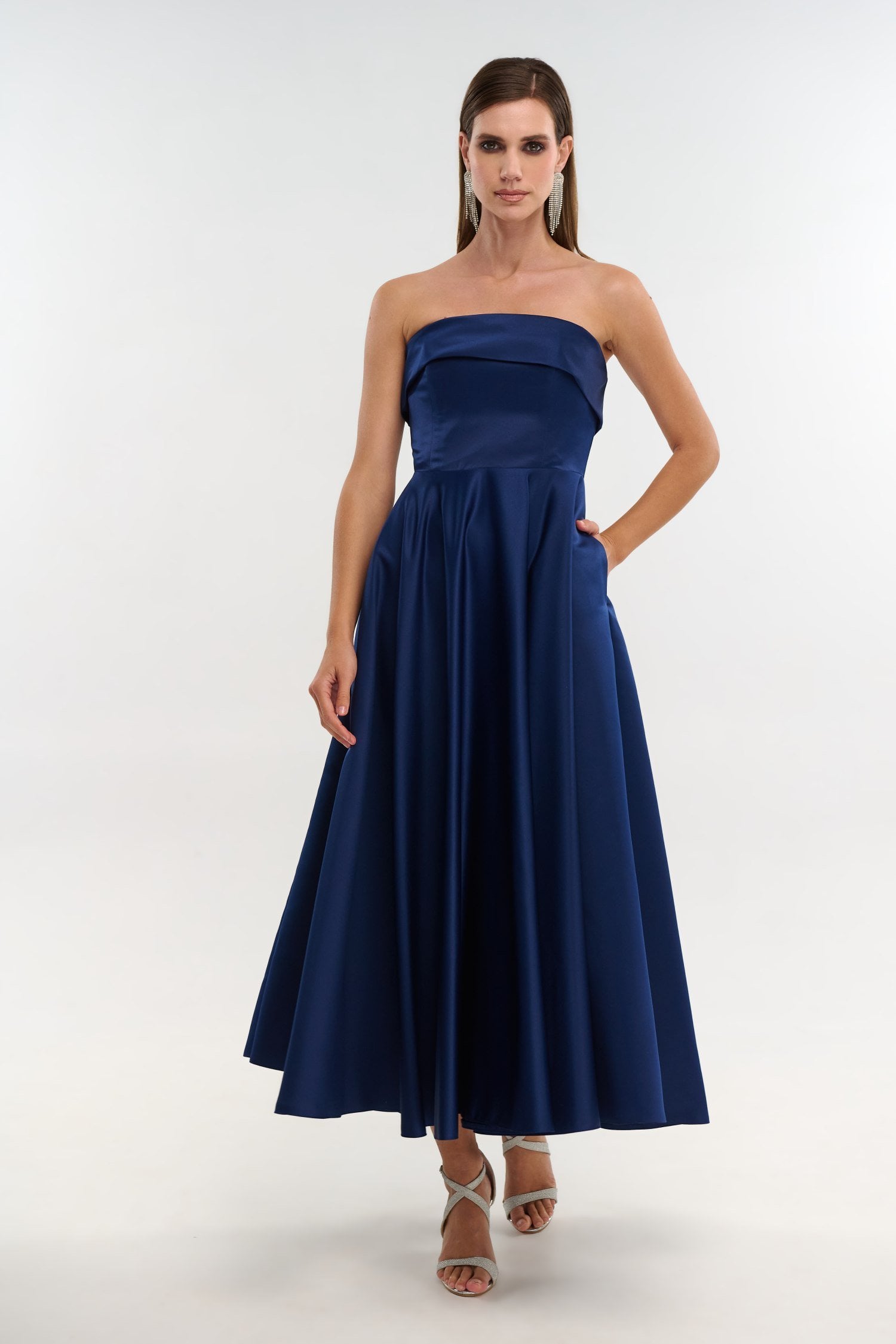 Σατέν Midi Φόρεμα Strapless Σε Άλφα Γραμμή Navy Blue - Marlen