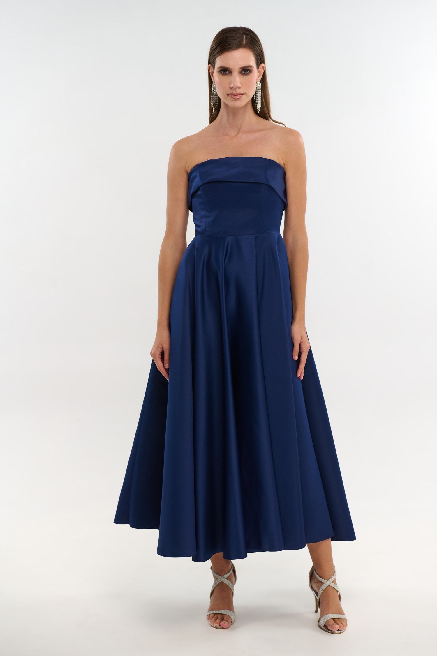 Σατέν Midi Φόρεμα Strapless Σε Άλφα Γραμμή Navy Blue - Marlen - Image 6