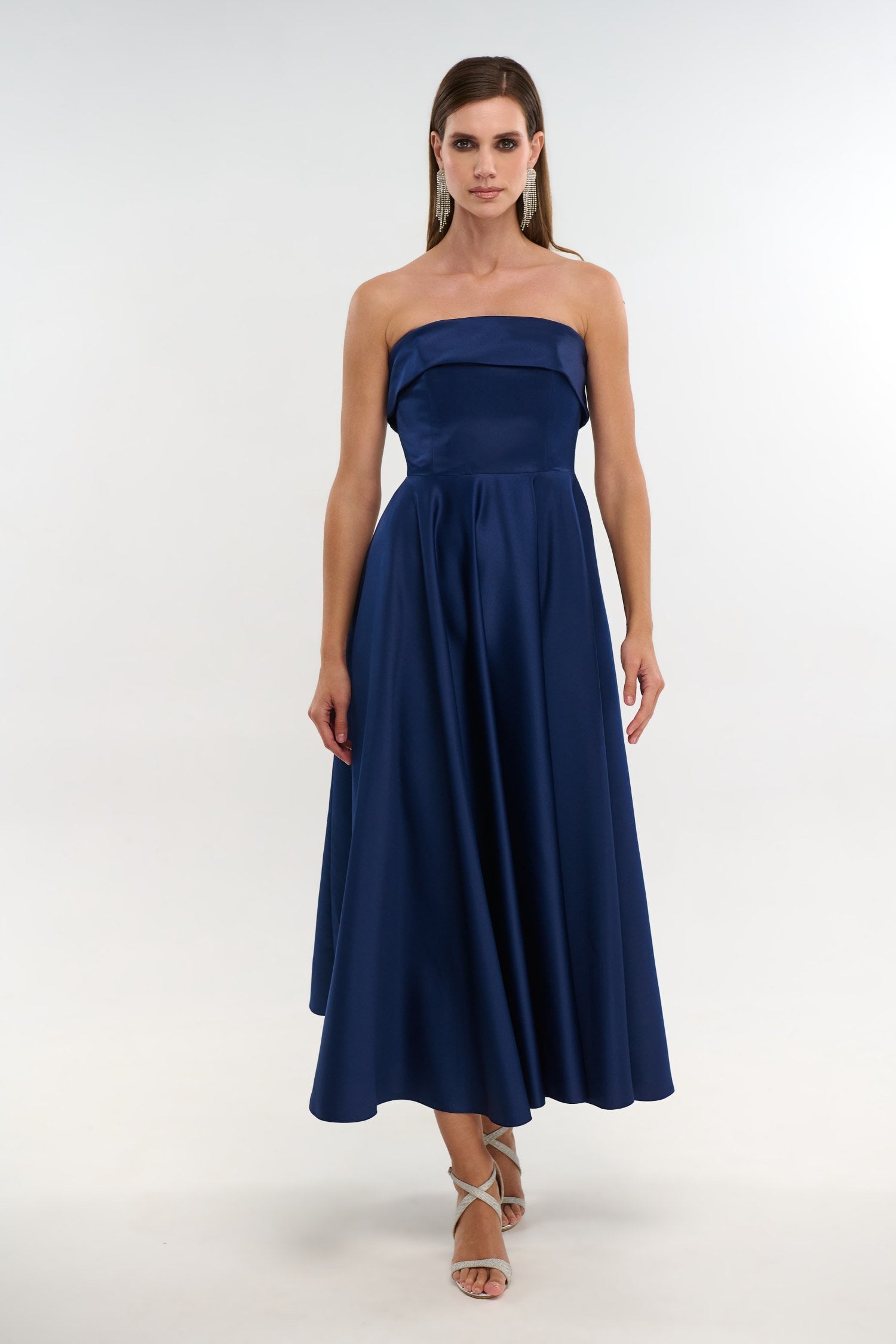 Σατέν Midi Φόρεμα Strapless Σε Άλφα Γραμμή Navy Blue - Marlen - Image 7