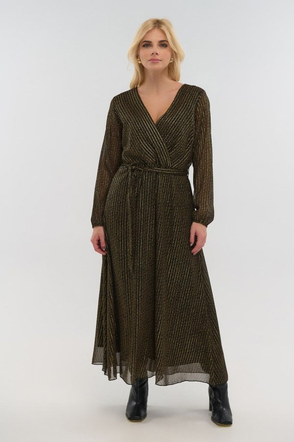 Lurex Φόρεμα Μακρύ Κρουαζέ Καφέ Με Χρυσές Ρίγες - Arianna