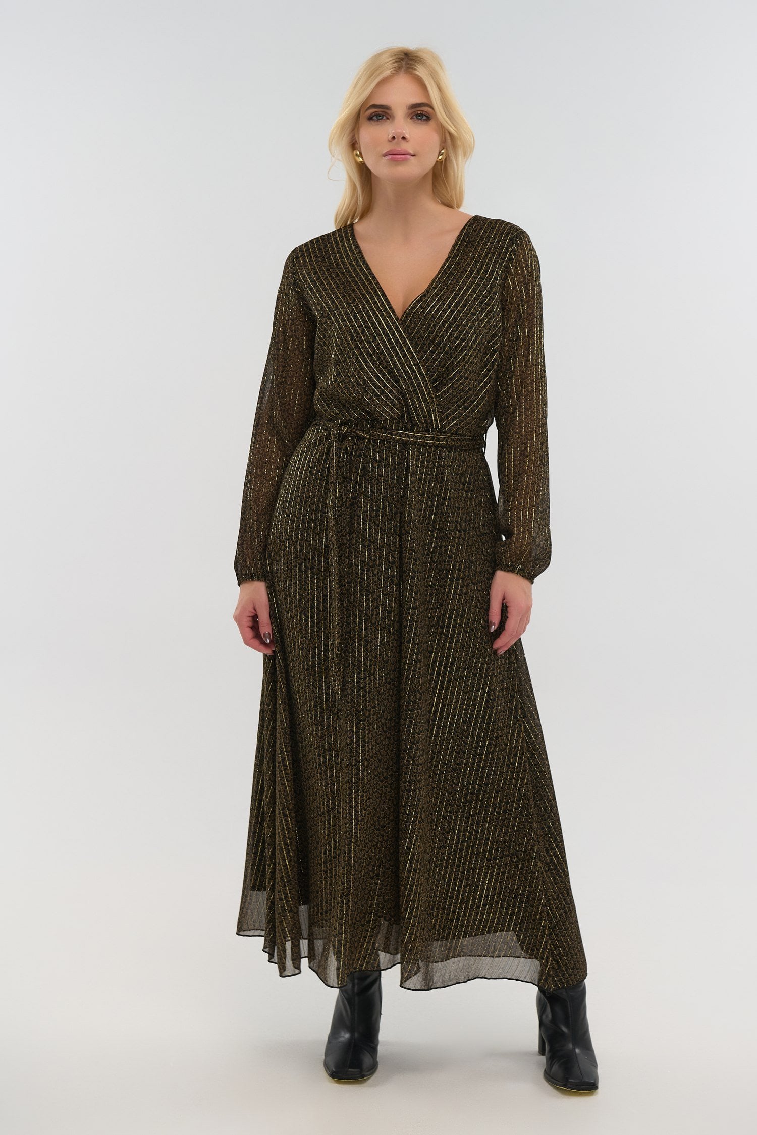 Lurex Φόρεμα Μακρύ Κρουαζέ Καφέ Με Χρυσές Ρίγες - Arianna