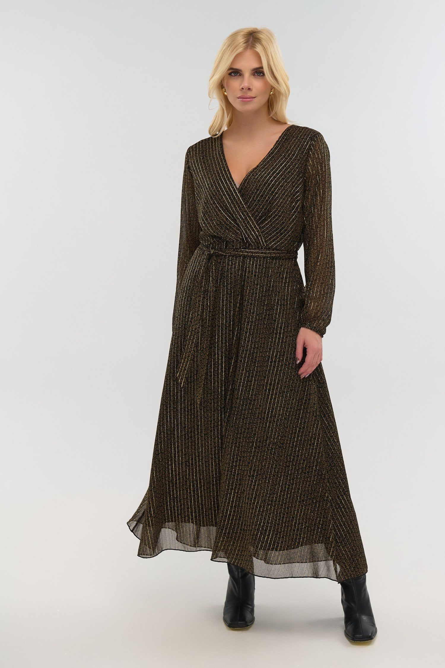 Lurex Φόρεμα Μακρύ Κρουαζέ Καφέ Με Χρυσές Ρίγες - Arianna - Image 2