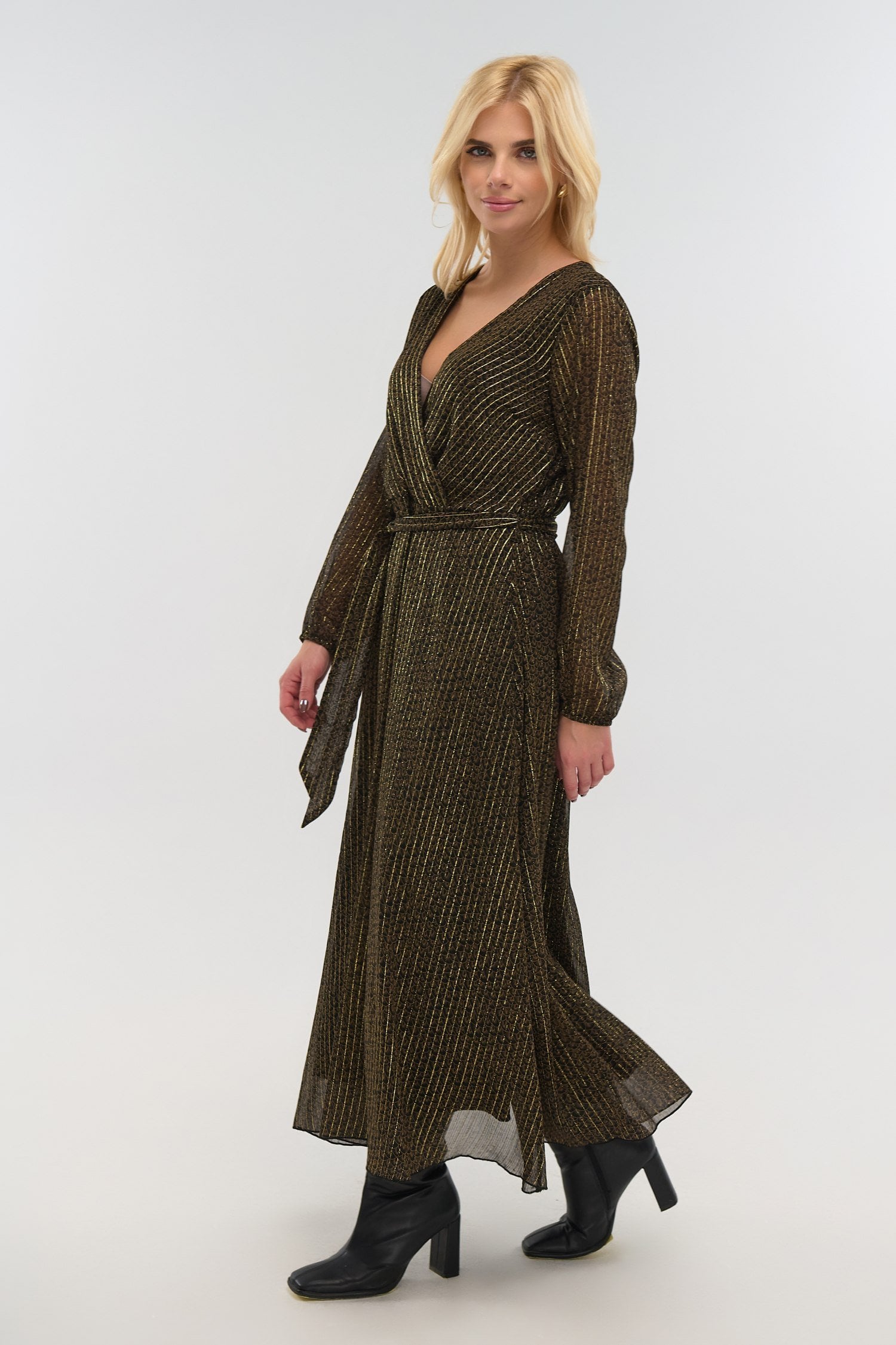 Lurex Φόρεμα Μακρύ Κρουαζέ Καφέ Με Χρυσές Ρίγες - Arianna - Image 3