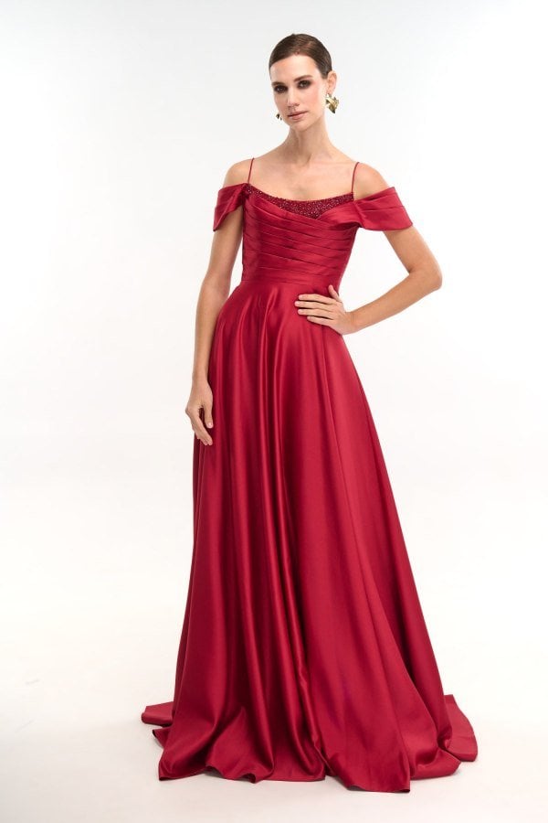 Φόρεμα Maxi Off Shoulder Με Τιράντες και Κρυσταλλάκια Μπορντώ - Greta