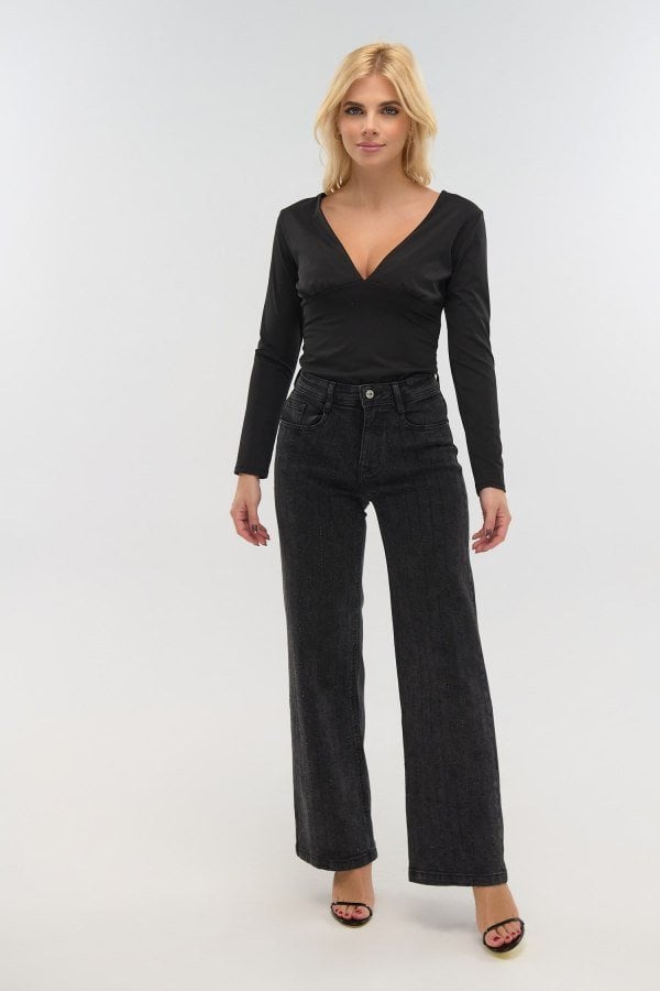 Παντελόνι Τζιν Ελαστικό Wide Leg Με Ρίγες Strass Μαύρο - Selin