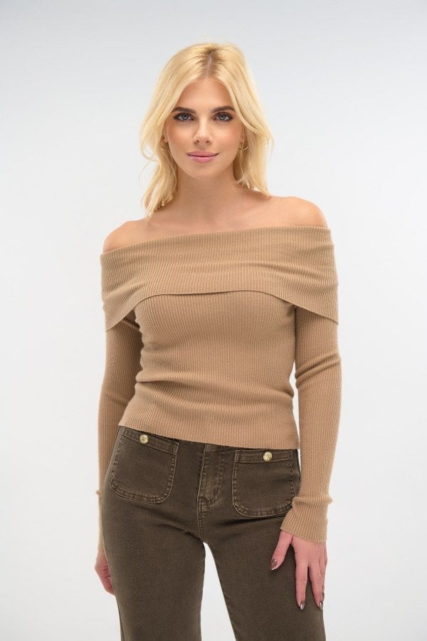 Μπλούζα Πλεκτή Ελαστική Off Shoulder Κάμελ - Hua