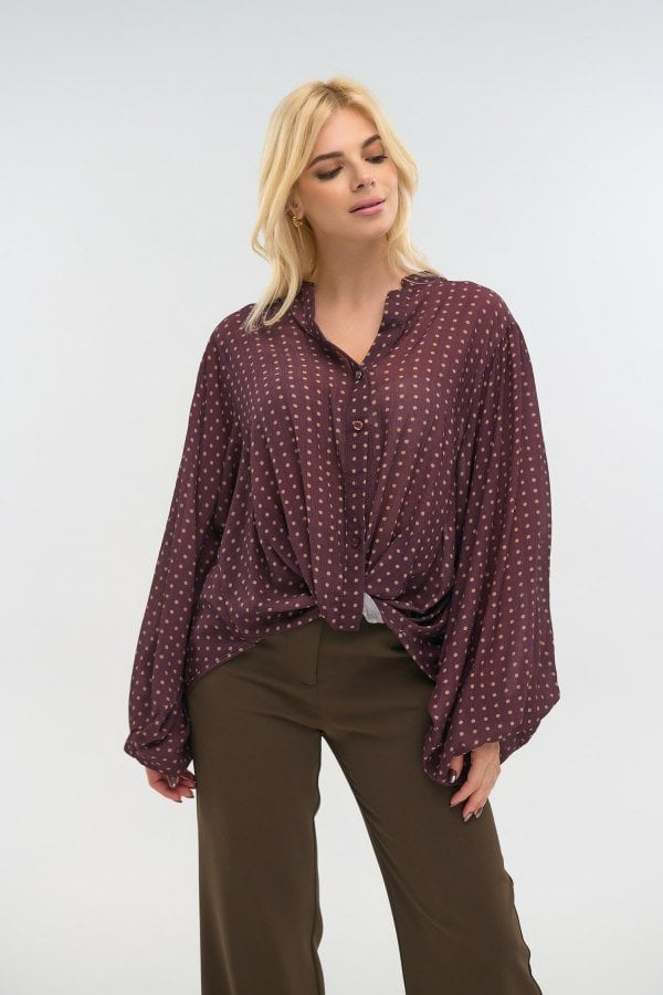 Μωβ πουά πουκάμισο oversized με κόμπο μπροστά και φουσκωτά μανίκια, μπροστινή όψη