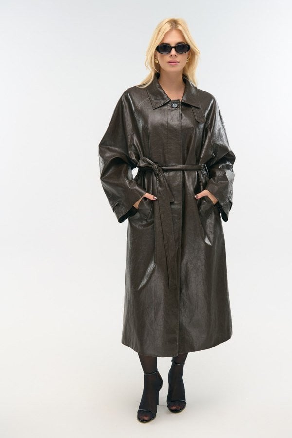Μακρύ Παλτό Oversized Οικολογικής Δερματίνης Σοκολά