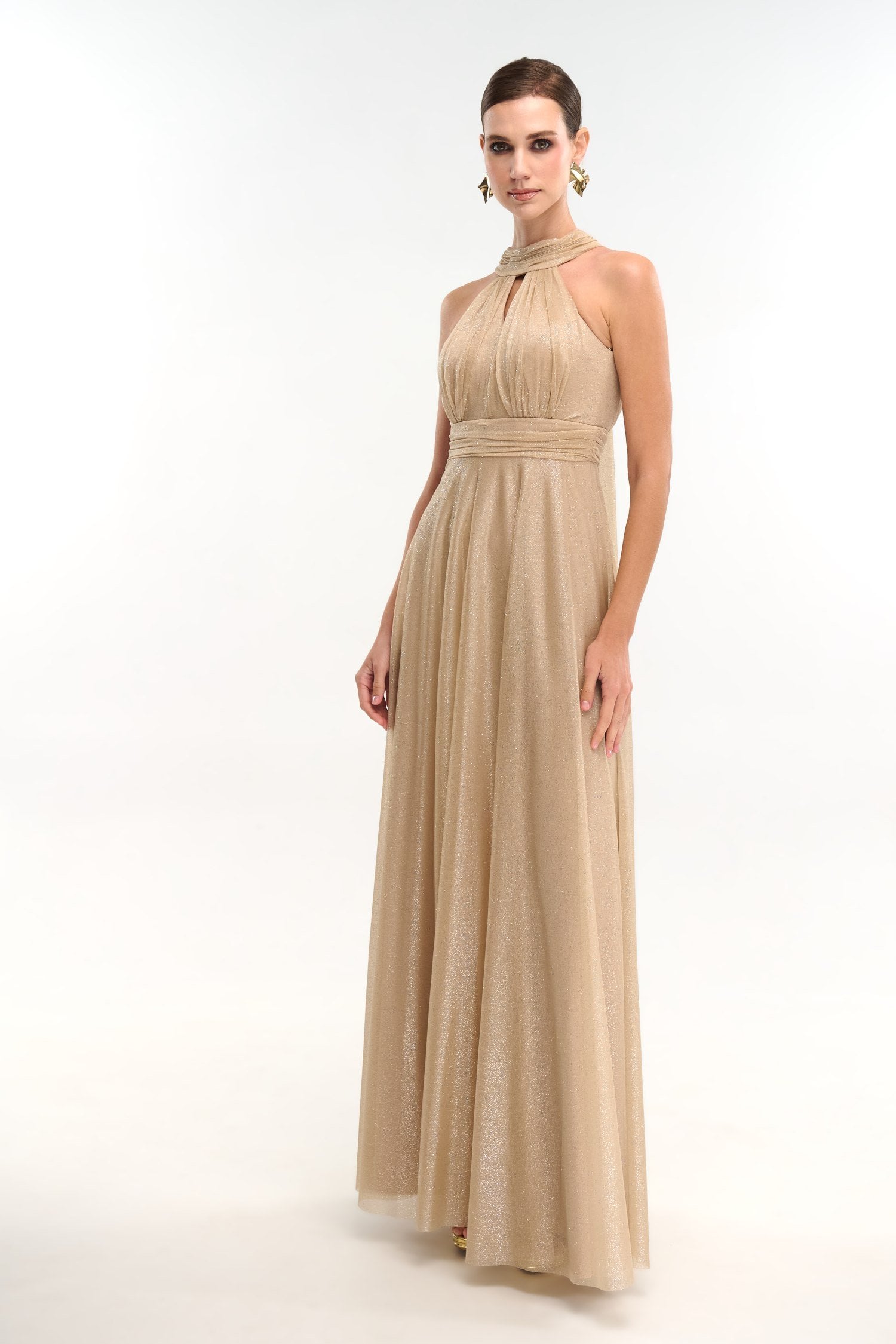 Maxi Φόρεμα Shiny Μουσελίνα Με Δέσιμο Στο Λαιμό Light Gold - Torina