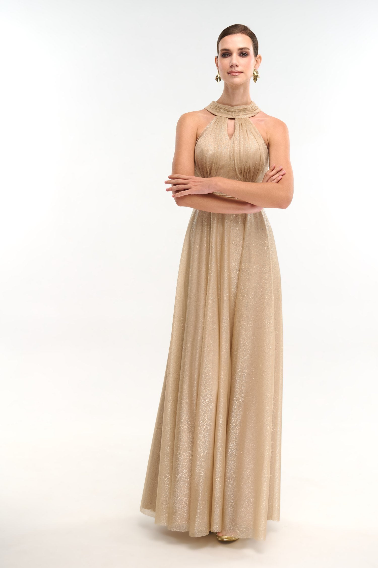 Maxi Φόρεμα Shiny Μουσελίνα Με Δέσιμο Στο Λαιμό Light Gold - Torina - Image 3
