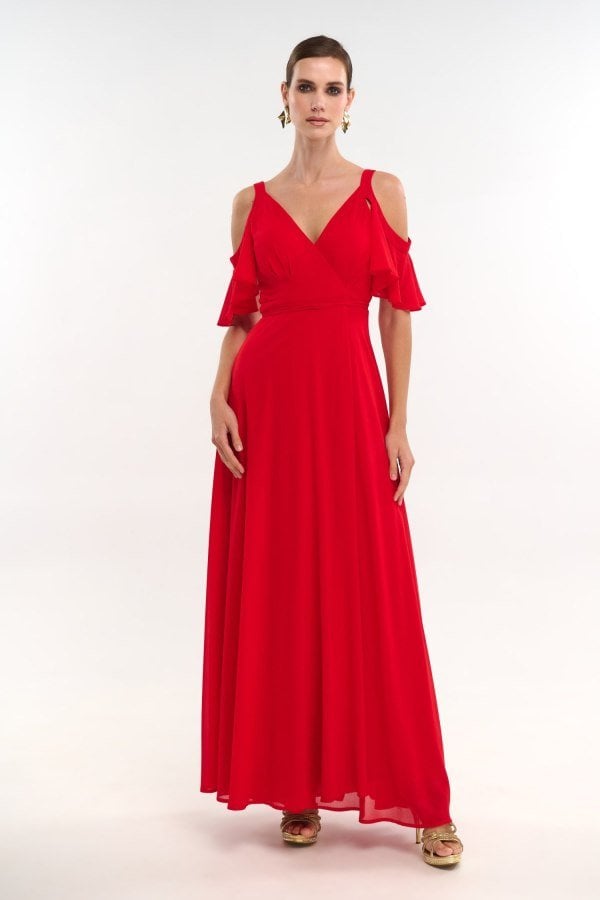 Μακρύ Φόρεμα Φάκελος Με Τιράντες Off Shoulder Κόκκινο - Helena