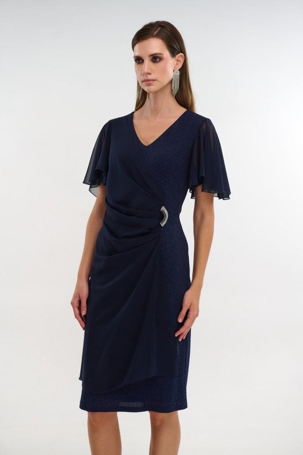 Midi Φόρεμα Lurex Με Μουσελίνα Navy Blue - Stella