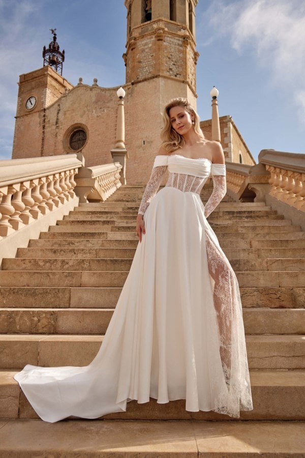 Bridal Φόρεμα Σατέν Off Shoulder Με Δαντέλα Λευκό