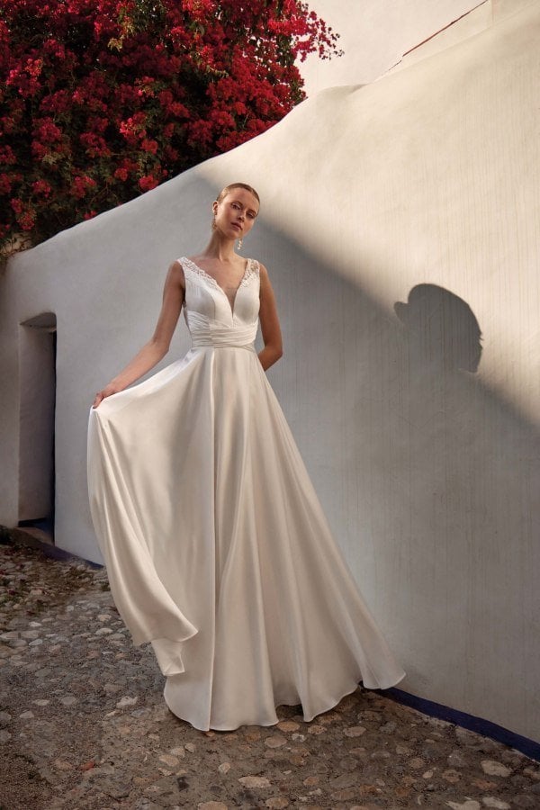 Bridal Φόρεμα Σατέν Με Κέντημα Δαντέλας Και Φιόγκο Λευκό