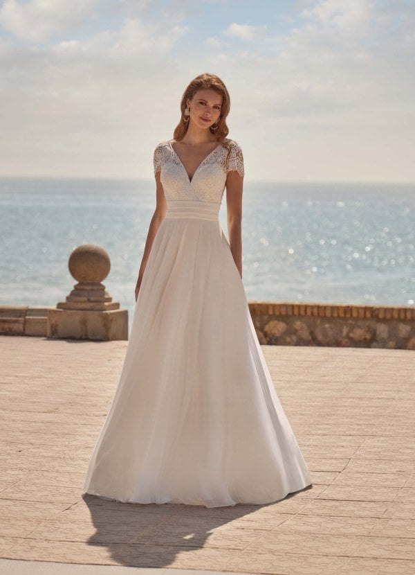 Bridal Φόρεμα Μακρύ Μουσελίνας Με Δαντέλα Και Μανικάκι Λευκό