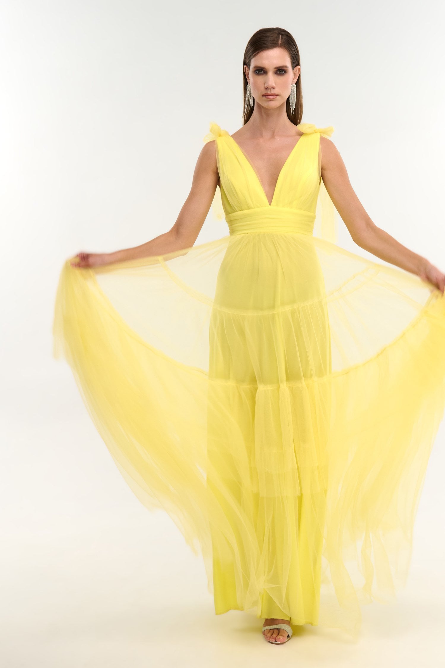 Φόρεμα Maxi Με Τούλι και Βολάν Yellow