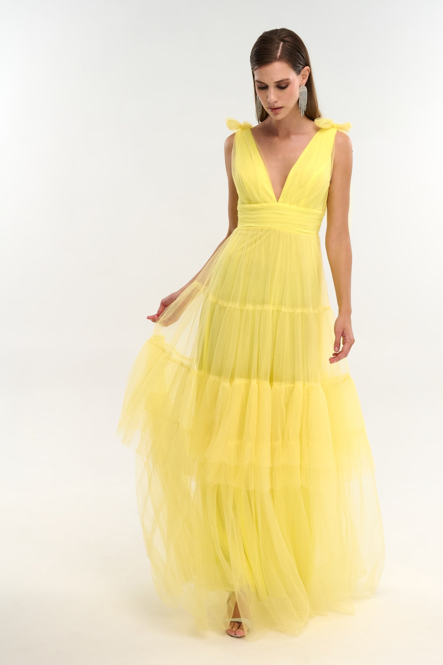 Φόρεμα Maxi Με Τούλι και Βολάν Yellow