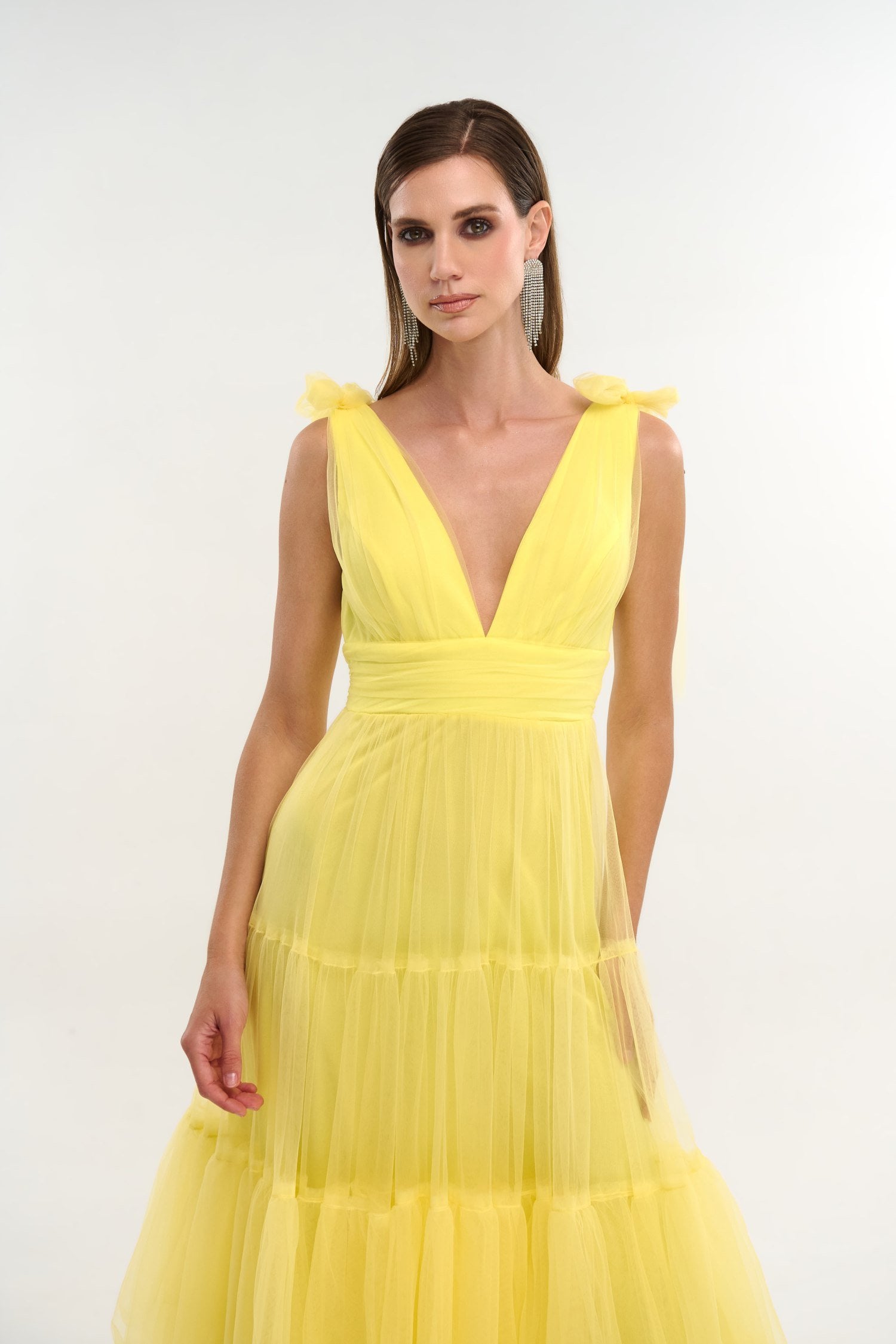 Φόρεμα Maxi Με Τούλι και Βολάν Yellow