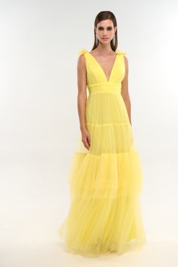 Φόρεμα Maxi Με Τούλι και Βολάν Yellow