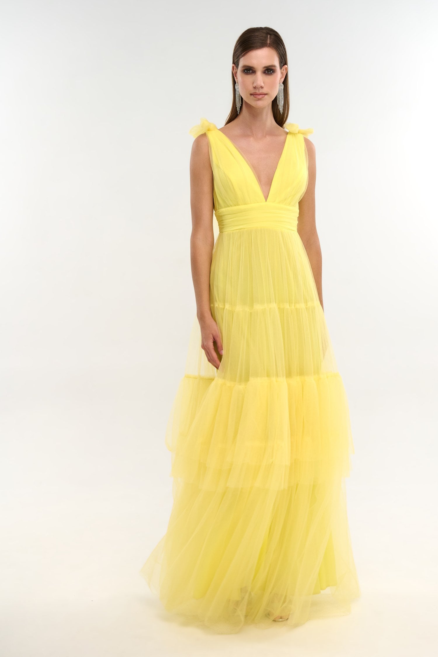 Φόρεμα Maxi Με Τούλι και Βολάν Yellow