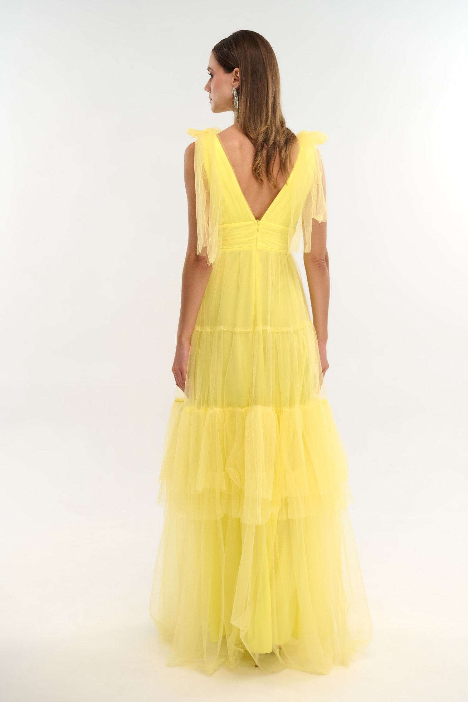 Φόρεμα Maxi Με Τούλι και Βολάν Yellow