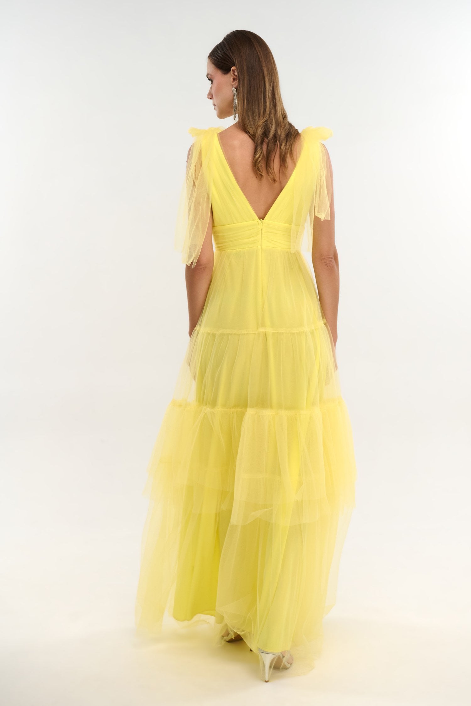 Φόρεμα Maxi Με Τούλι και Βολάν Yellow
