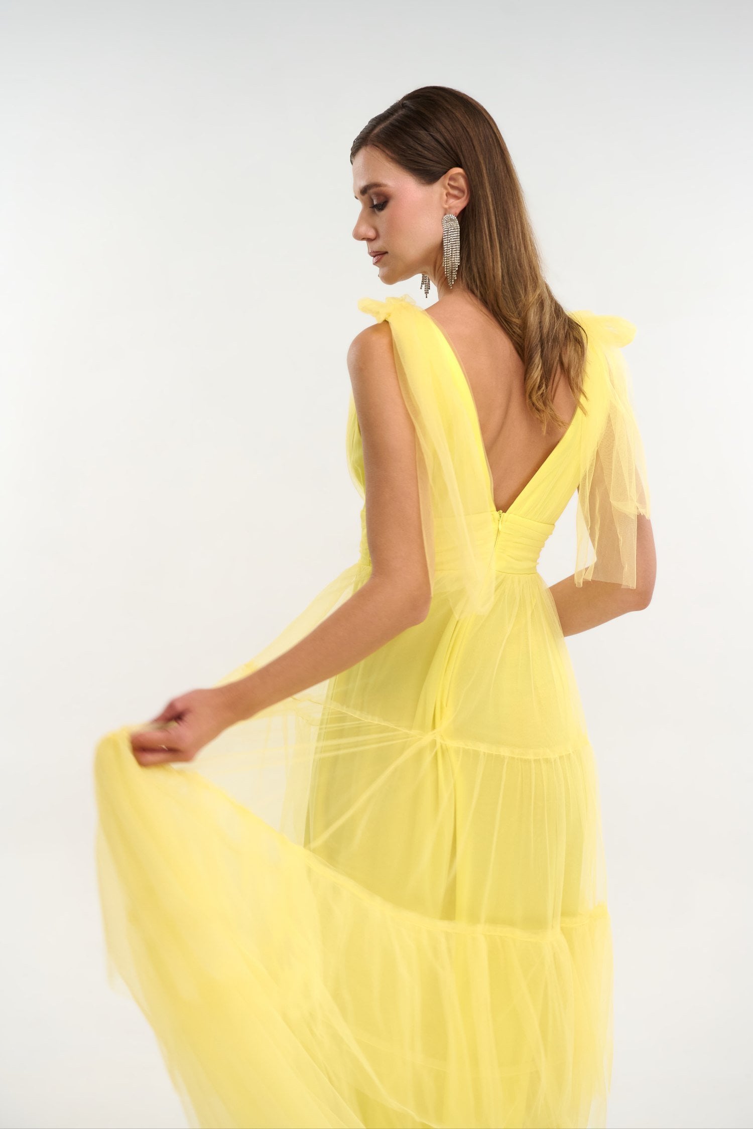 Φόρεμα Maxi Με Τούλι και Βολάν Yellow