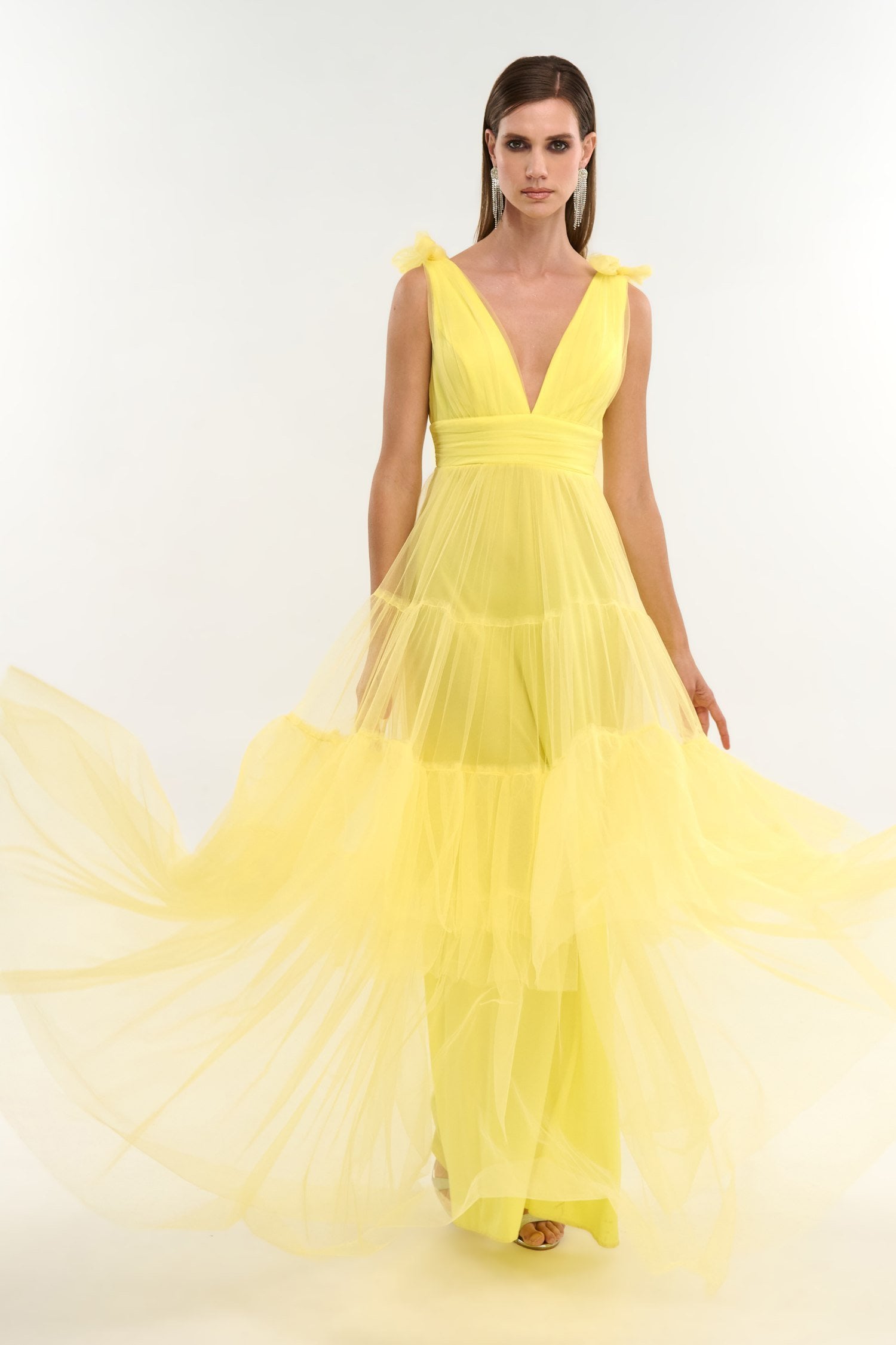 Φόρεμα Maxi Με Τούλι και Βολάν Yellow