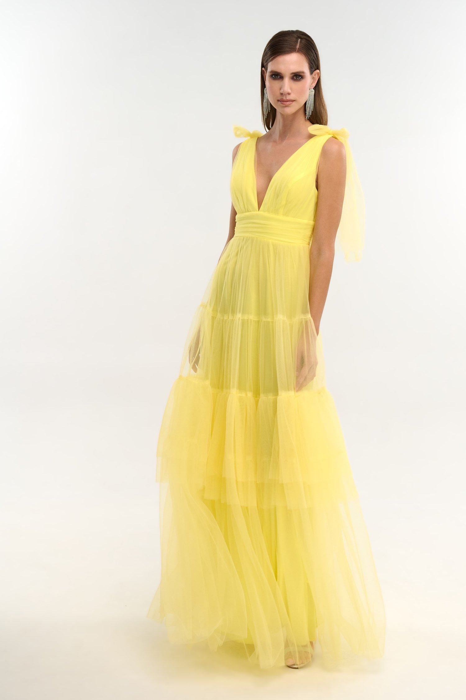 Φόρεμα Maxi Με Τούλι και Βολάν Yellow