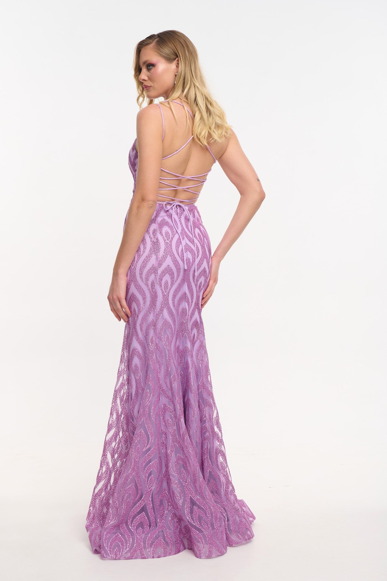 Γοργονέ Maxi Φόρεμα Ελαστικό Τούλι με Glitter Λιλά - Lillyanna - Image 10