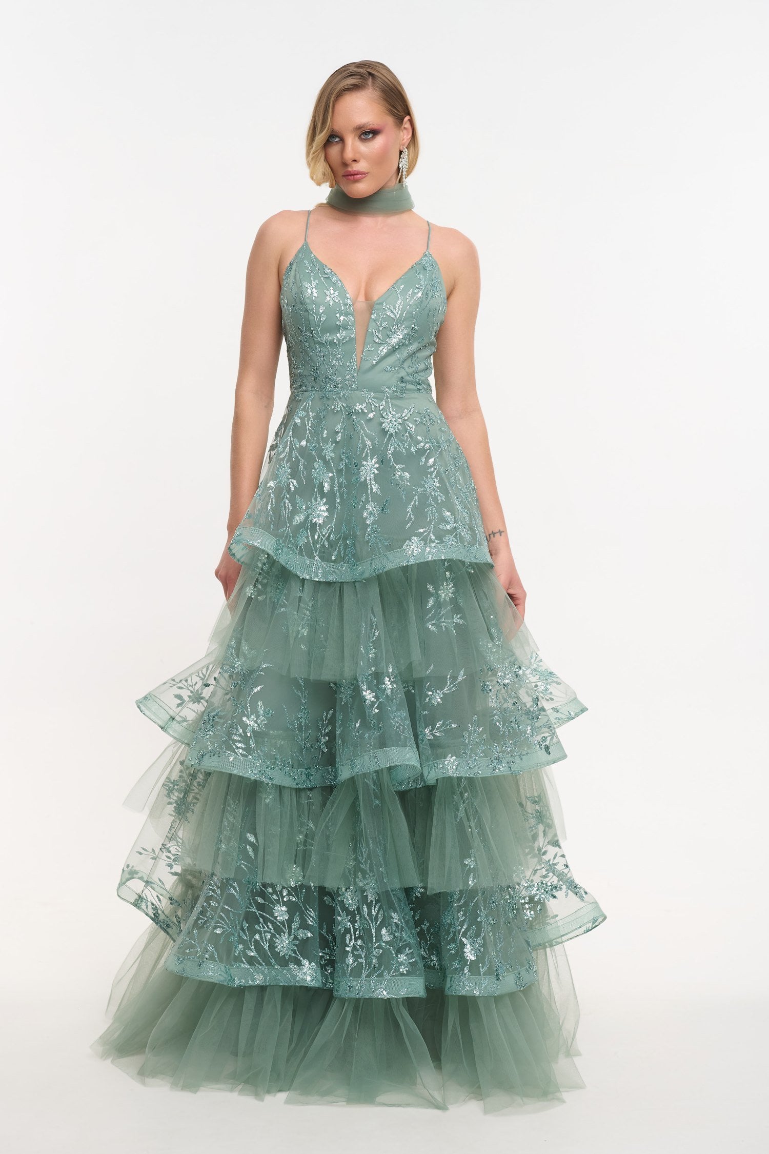 Τούλινο Φόρεμα Maxi Με Layers Glitter Και Παγιέτες Μέντα - Mazie - Image 11