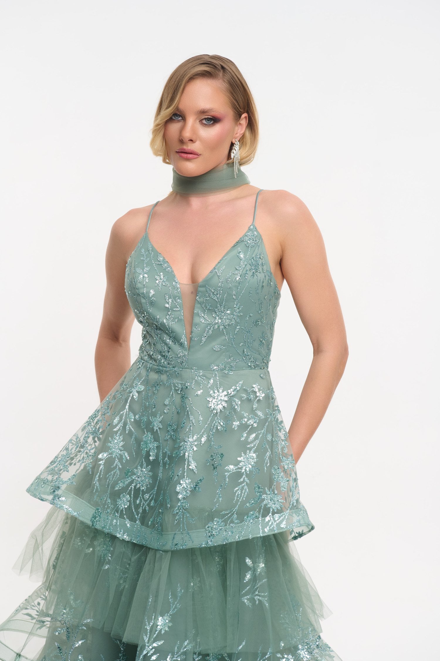 Τούλινο Φόρεμα Maxi Με Layers Glitter Και Παγιέτες Μέντα - Mazie - Image 12