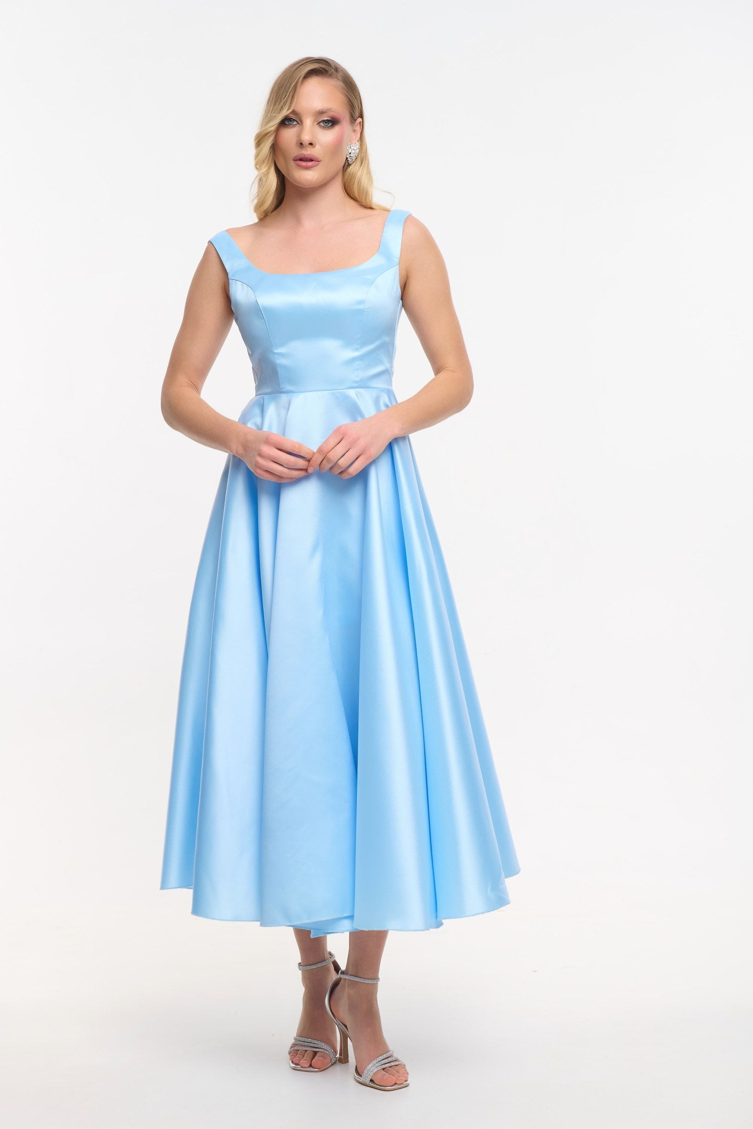 Cocktail Midi Φόρεμα Σατέν Με Κορδόνια Στην Πλάτη Light Blue - Carmen - Image 15