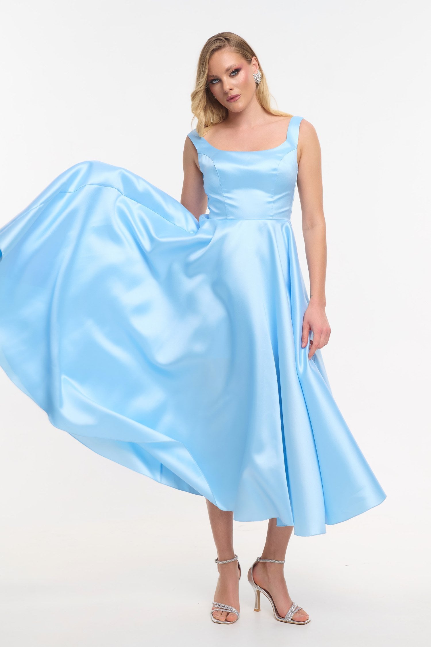 Cocktail Midi Φόρεμα Σατέν Με Κορδόνια Στην Πλάτη Light Blue - Carmen - Image 13