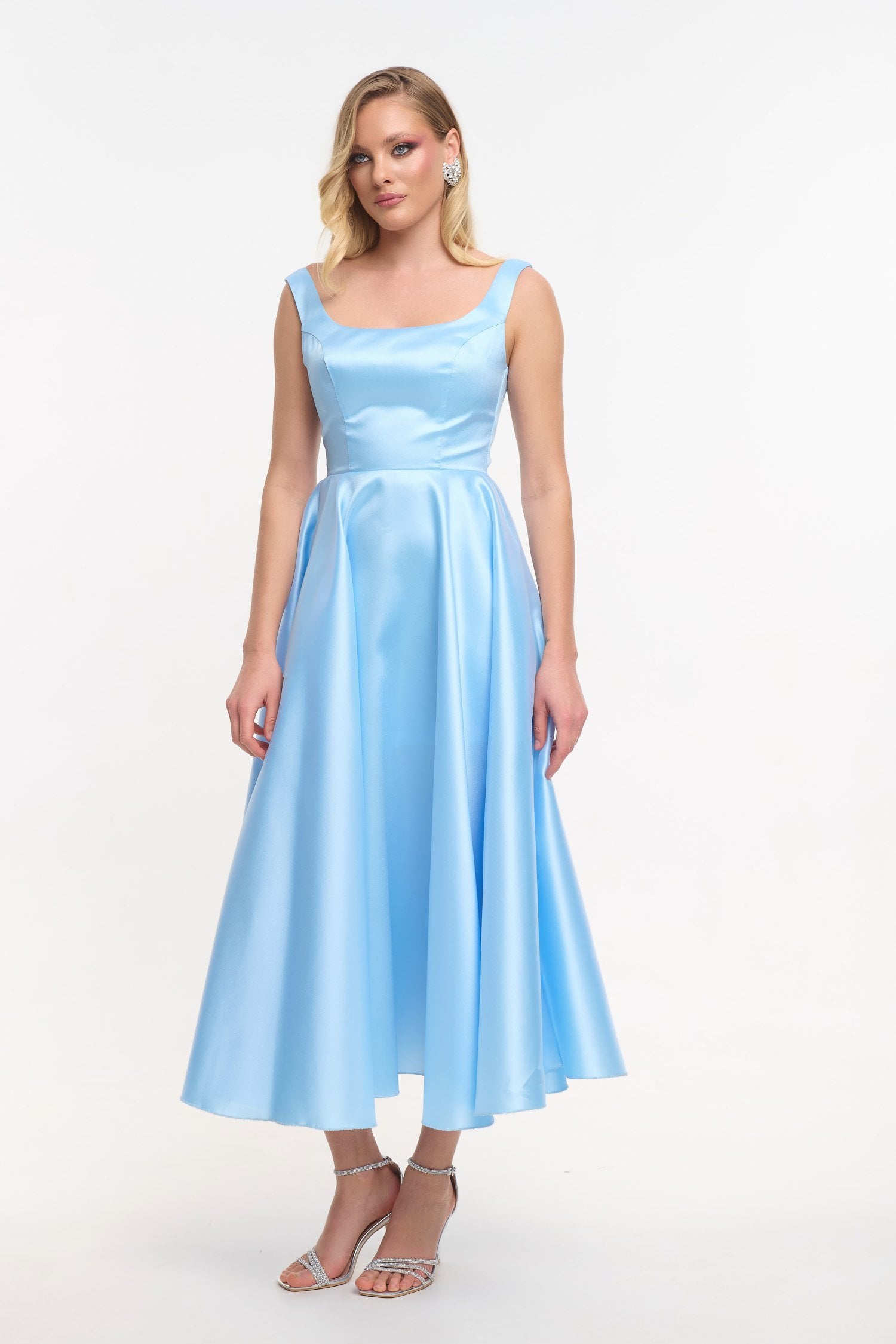 Cocktail Midi Φόρεμα Σατέν Με Κορδόνια Στην Πλάτη Light Blue - Carmen - Image 19
