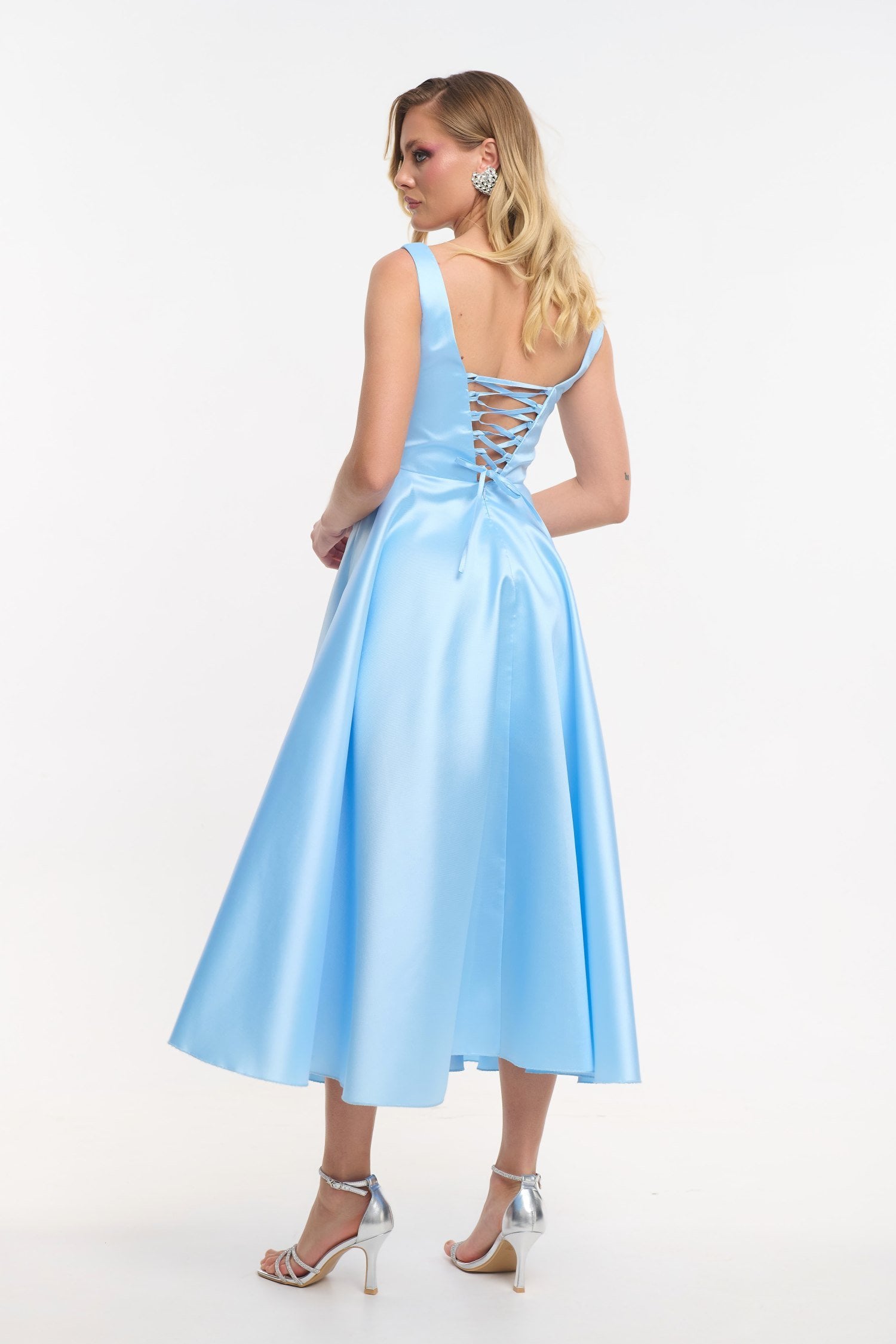 Cocktail Midi Φόρεμα Σατέν Με Κορδόνια Στην Πλάτη Light Blue - Carmen - Image 14