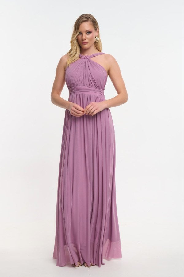 Πλισέ Φόρεμα Μακρύ Halter Neck Με Πέρλες Old Pink - Nari