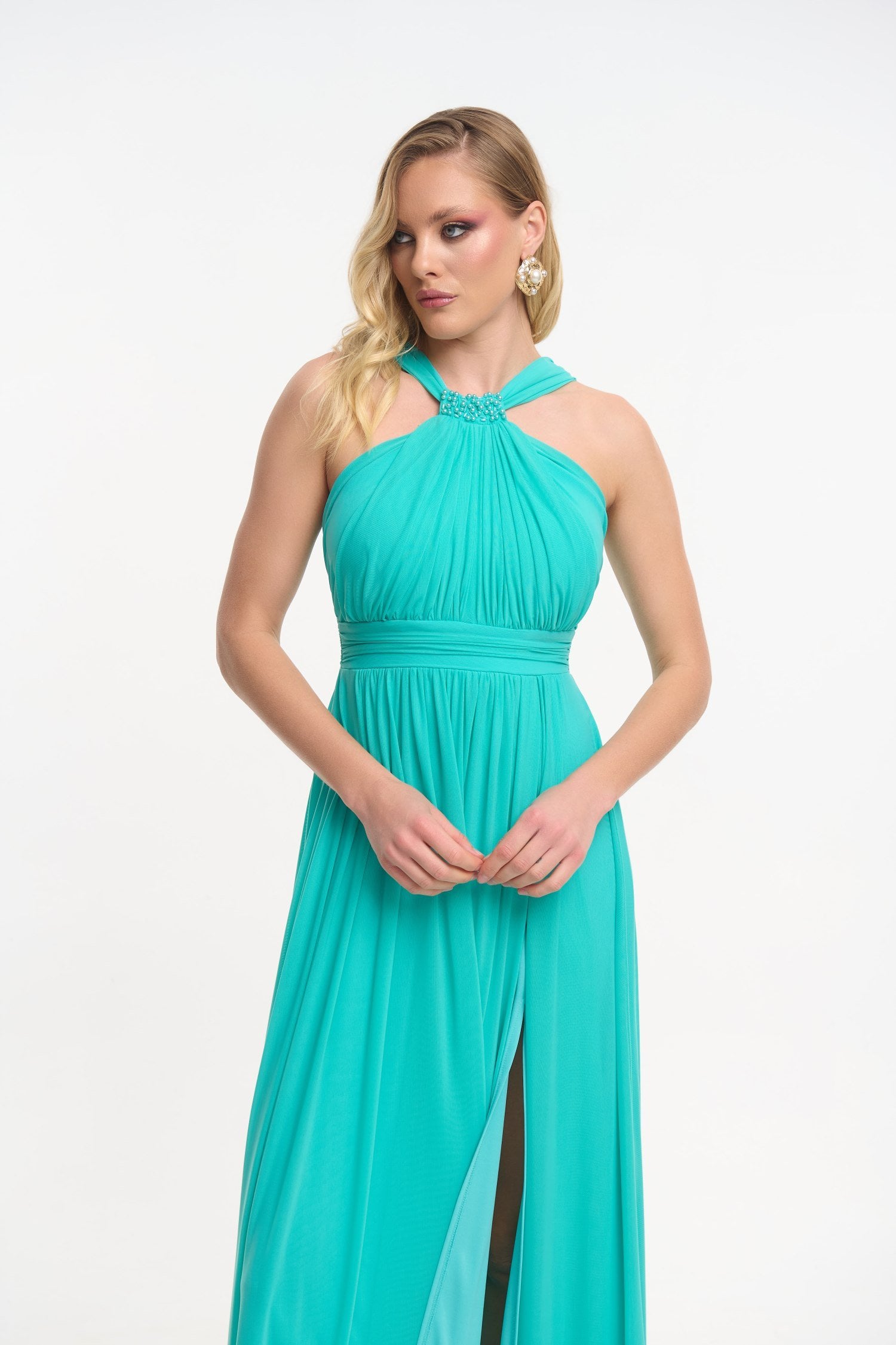 Πλισέ Φόρεμα Μακρύ Halter Neck Με Πέρλες Βεραμάν - Nari - Image 6