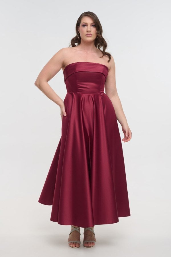 Σατέν Midi Φόρεμα Strapless Σε Άλφα Γραμμή Μπορντώ - Marlen