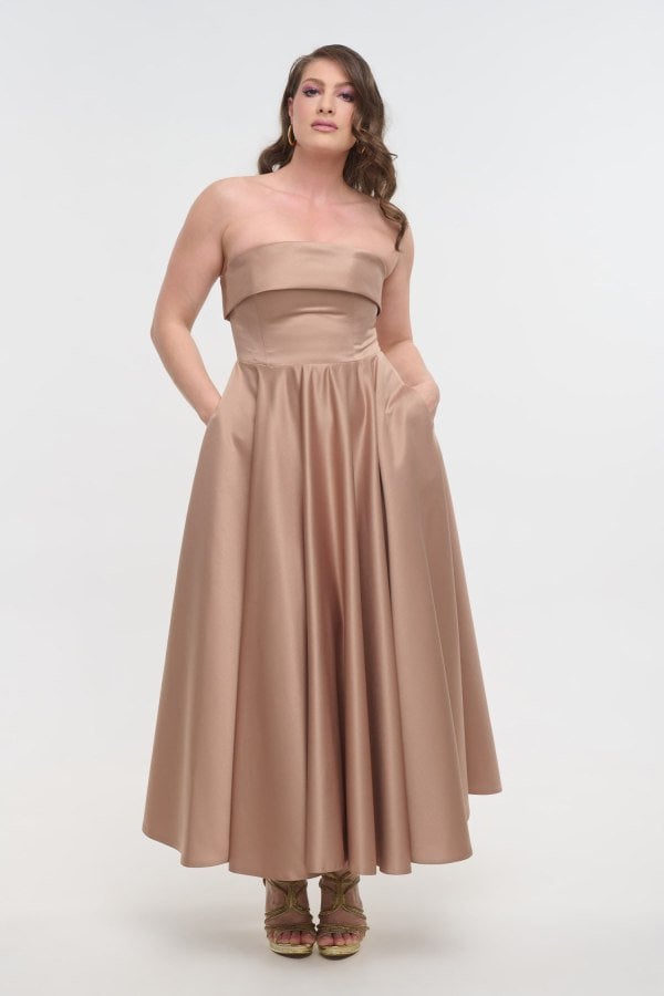 Σατέν Midi Φόρεμα Strapless Σε Άλφα Γραμμή Μπρονζέ - Marlen