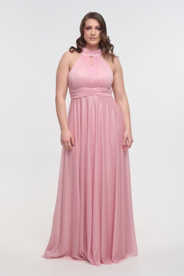 Maxi Φόρεμα Shiny Μουσελίνα Με Δέσιμο Στο Λαιμό Baby Pink - Torina