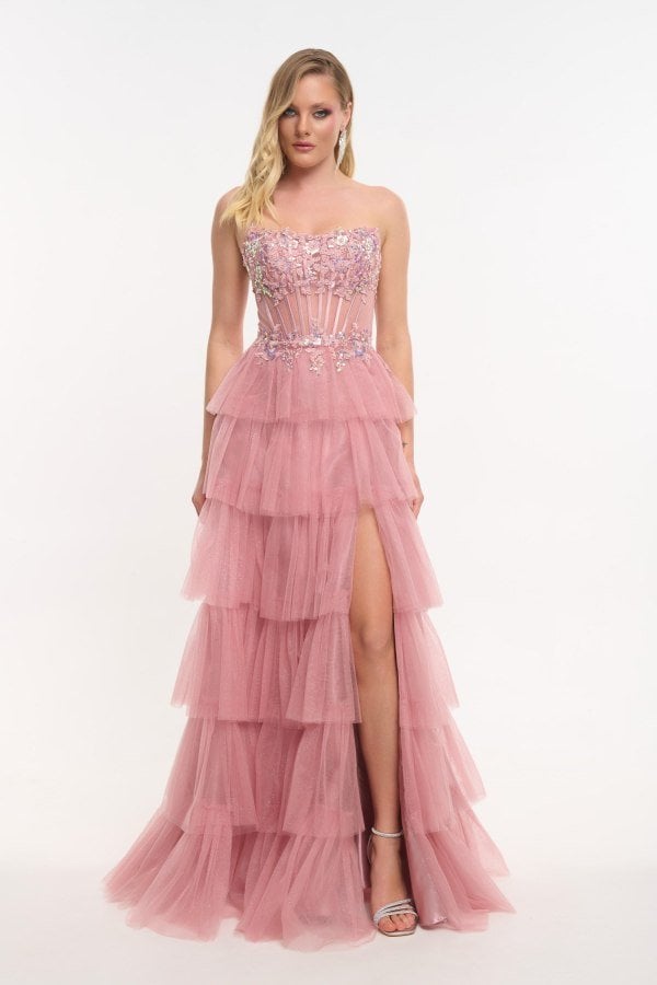 Εντυπωσιακό Strapless Τούλινο Φόρεμα Μακρύ Με Glitter Old Pink-Katherine