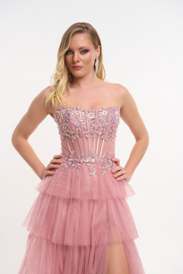 Εντυπωσιακό Strapless Τούλινο Φόρεμα Μακρύ Με Glitter Old Pink-Katherine