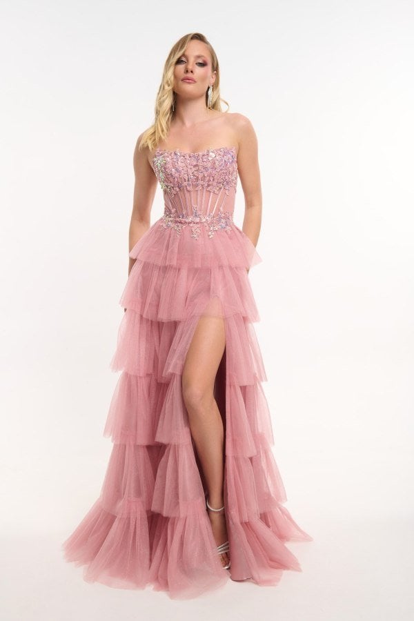 Εντυπωσιακό Strapless Τούλινο Φόρεμα Μακρύ Με Glitter Old Pink-Katherine