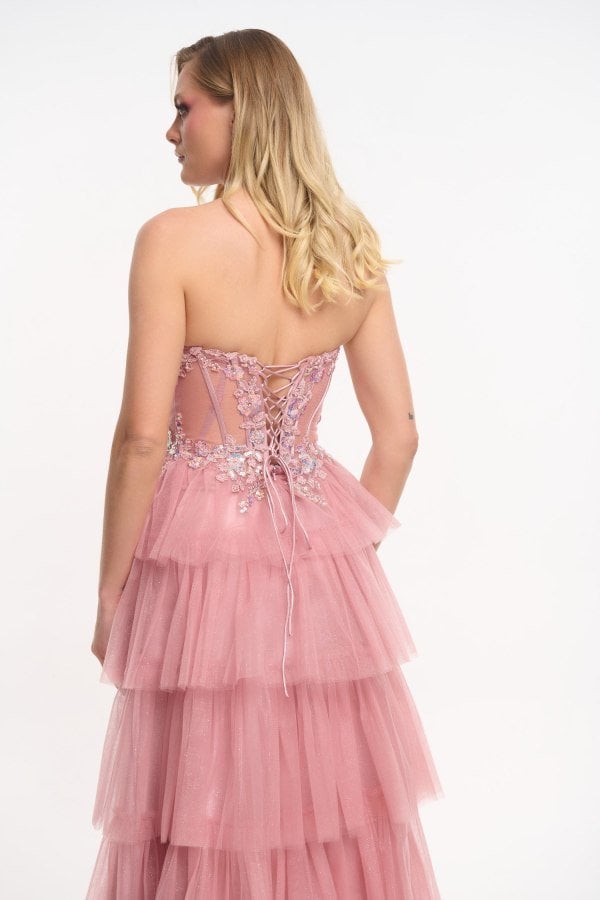 Εντυπωσιακό Strapless Τούλινο Φόρεμα Μακρύ Με Glitter Old Pink-Katherine