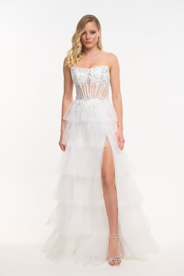 Εντυπωσιακό Strapless Τούλινο Φόρεμα Μακρύ Με Glitter Λευκό-Katherine