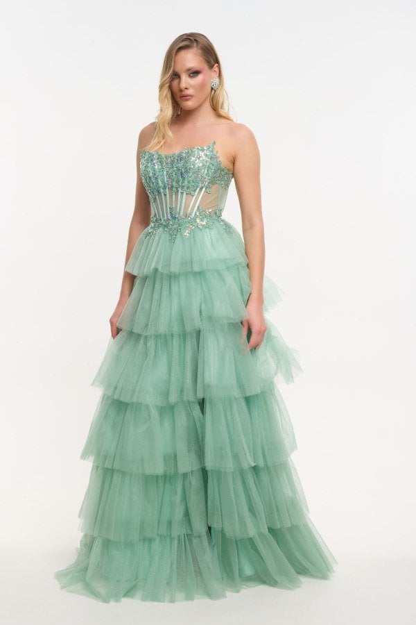 Εντυπωσιακό Strapless Τούλινο Φόρεμα Μακρύ Με Glitter Μέντα-Katherine