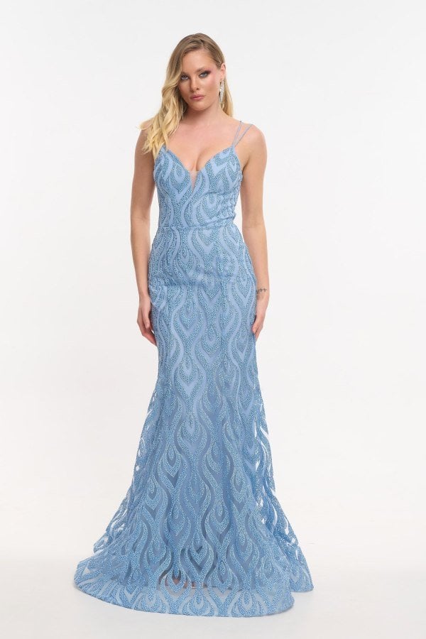Γοργονέ Maxi Φόρεμα Ελαστικό Τούλι με Glitter Light Blue - Lillyanna