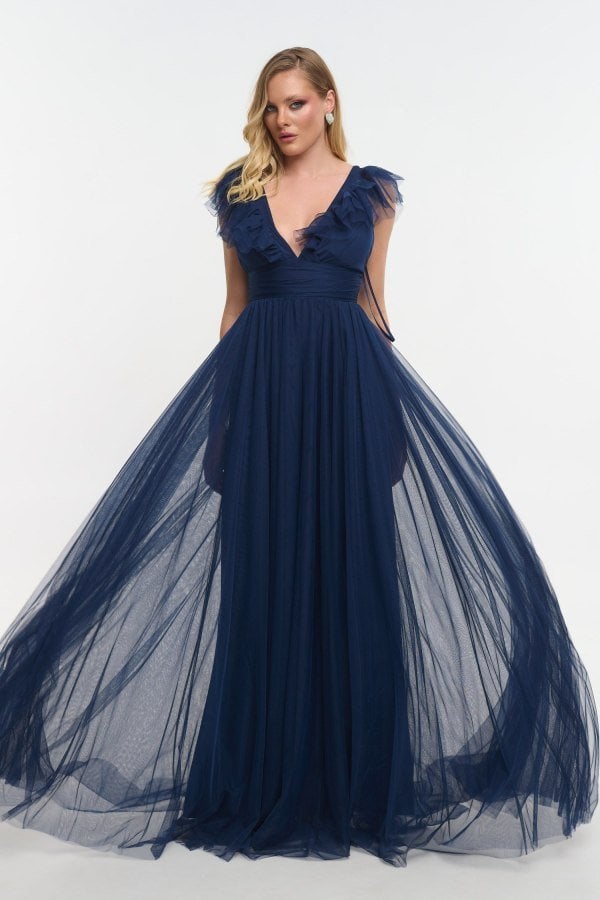 Αέρινο Φόρεμα Maxi Τούλινο Με Βολάν Navy Blue - Violeta